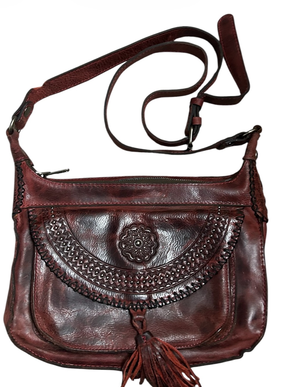 Patricia Nash Camila Distressed Leather Crossbody Bag in Maroon - Picture 4 of 9